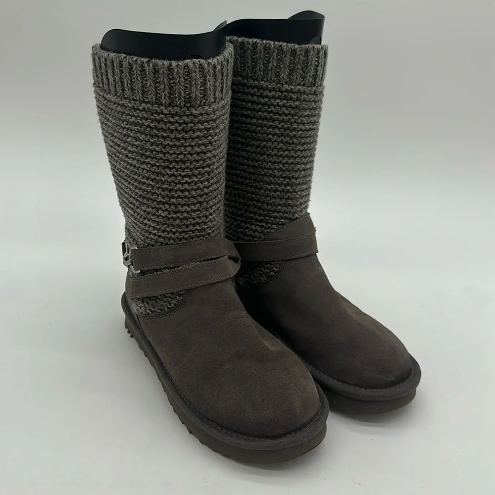 UGG Purl Strap Boot Charcoal Suede Knit Top. 1098080 Women's Size 6